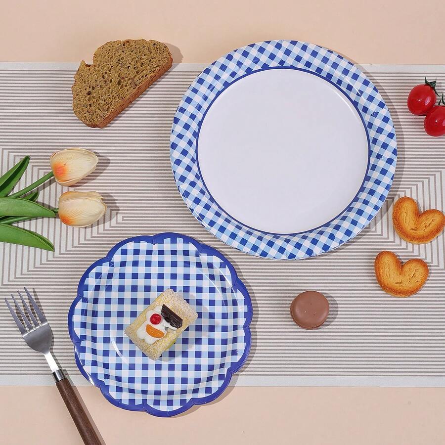 10/20/40/50pcs,Blue And White Checkered Birthday Party Supplies, Coastal Deep Blue Scallop Party Disposable Paper Plates, Birthday Party Decoration Supplies, Blues Dinner, Wedding, BabyShower, Birthday, Picnic, Barbecue Essential