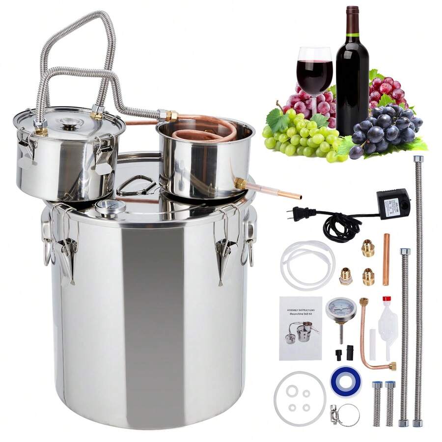 Destilador de acero inoxidable, kit de destilación con termómetro incorporado, kit para elaboración de cerveza casera, 50 L/13,2 gal - Plateado - Ver 1