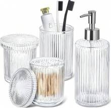 RYTOXILO Bathroom Accessories Set, 4 Pack Clear Gl Bath Accessory Se Complete, Ribbed Soap Dispenser And Toothbrush Holder Set With 2 Qtip Holders, Modern Sliver Bathroom Counter Dr - Clear - View 1