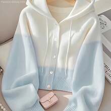 Women's Gradient Color-Block Hooded Sweater Cardigan - Cropped Button-Front Jacket With Chest Pocket, Medium Stretch For Fall/Winter Layering, Soft White To Tones (Office To Casual Outfits) - Easy-Care Sweater Gym Clothes Women Leggings Winter Clothes For Women Glowmode - Màu xanh lam - Xem 1