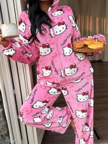 Sanrio Women's  Print Pajama Set, Warm & Casual Loungewear, Flannel Sleepwear Set, Soft & Cozy 2 Pieces Outfit For Autumn/Winter