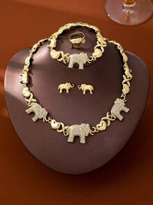 4 件女士时尚水钻镀金大象吊坠项链、耳环、手链、戒指首饰套装，中东迪拜非洲欧洲美国派对婚礼节日礼物 - 金黃色 - 查看 2