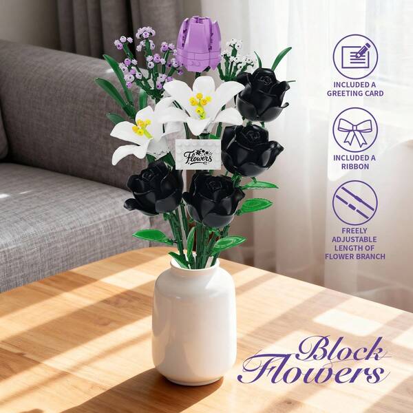520 piezas Juego de bloques de construcción de flores de rosa negra, ramo de flores artificiales, colección de plantas en maceta para decoración de oficina y hogar, regalo de cumpleaños para mujeres adultas; 520 piezas Juego de bloques de construcción de flores de rosa roja, serie de flores artificiales para regalo de boda, Día de San Valentín y Navidad para mujeres adultas - Decoración central de escritorio para el hogar y la oficina, Navidad