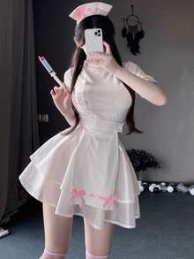 1件蝴蝶结透明网纱镂空护士服，适合化装舞会、酒吧派对、夜店装扮、派对角色扮演 - 白色 - 查看 6