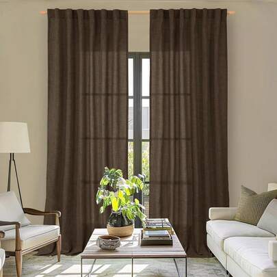 1pc/2pcs Brown Rope Top Soft Comfortable Thickened Fabric Sheer Curtain, Farmhouse Style Curtain For Bedroom, Living Room, Kitchen - UV Protection, Knitted, Unlined, Decorative Polyester Curtain Panel
