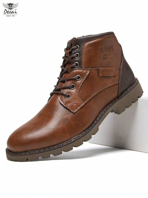 DESAI Men's Lace-Up Boots With Side Zipper, Fashion Short Ankle Boots, High-Top Work Boots, Retro British Style Leather Boots, Autumn/Winter