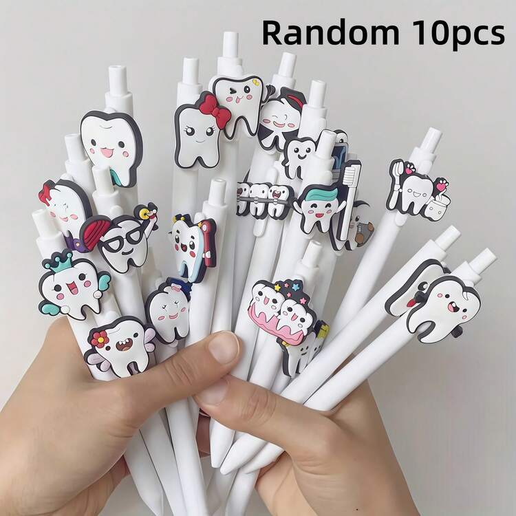 10pcs Retractable Dental Theme Ballpoint Pens, Minimalist Solid Color Tooth Shaped Pens, Writing Office Nurse Pens, Suitable For Dental Nurses, Medical Assistants And Student Gifts, Random Style - White - View 8