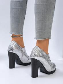 Women's Vintage Brogue High Heel Oxfords, Thick Sole Fashion High Heels, Black