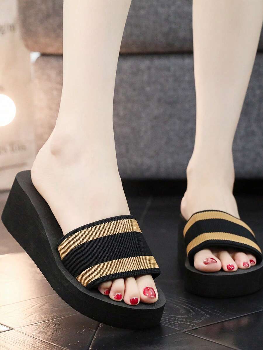 Sandálias Slide de Plataforma Cunha Listradas Cáqui Femininas, Estilo de Férias, Chinelos Grossos para Uso Externo