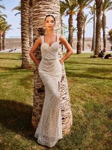 Faeriesty فستان سهرة فاخر مطرز بالخرز بتصميم ذيل حورية البحر مع ياقة قلب وشق جانبي - تفاصيل من اللؤلؤ الاصطناعي وإغلاق سحاب خلفي للزفاف وحفلات السجادة الحمراء والسهرات الفاخرة والعشاء الفاخر، ملابس رأس السنة الجديدة - لون شمبانيي - مشاهدة 4