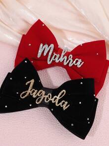 1pc Custom Name Velvet Hair Bow For Girls Elegant Plain Customized Bow Alligator Clip Sparkly Rhinestones Hair Clips Glitter Letter Barrettes Pure Color Hairpins Kids Hair Accessory