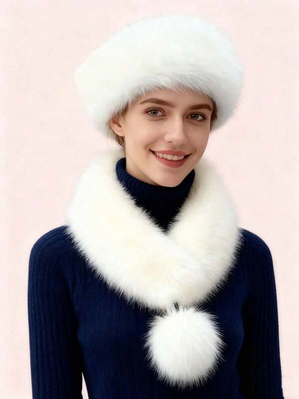 1 Cachecol, Cachecol Peludo Feminino, Gola De Imitação + Chapéu Quente De Pele Grossa E Oca, Proteção De Pescoço, Capa Quente De Pescoço, Imitação De Pele, Alça Quente De Pescoço - Acessório Quente À Prova De Vento, Roupa Casual Para Atividades Ao Ar Livre