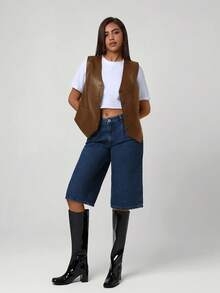 Áo khoác nữ cổ chữ V không tay dáng rộng bằng da PU kiểu vintage, tối giản, thích hợp cho mùa thu/đông, mặc hàng ngày, có thể dùng như áo khoác cài cúc cho các bữa tiệc Giáng sinh, năm mới hoặc ngày Valentine. - Màu nâu Sô-cô-la - Xem 5