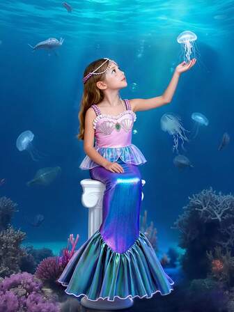 Cosplayklänning för ung flicka, lämplig för Patchwork Ruffle Mermaid Hem Design