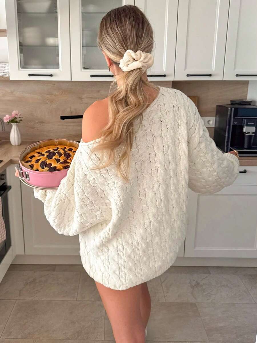 Comfortable Women's Cable Knit Long Sleeve Off-Shoulder Sweater, Ribbed Knit Pullover