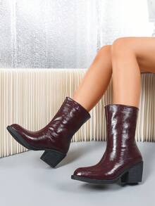 Botas de Tornozelo Femininas Vintage de Bico Fino, Sola Macia Brilhante, Preto e Cinza Carvão, Adequadas para Festas, Baladas, Encontros e Atividades ao Ar Livre - Vinho - Visão 3
