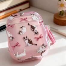 Cute Cat & Bow Design Transparent Bluetooth Earphone Case, Pink Apple & Dream Blue