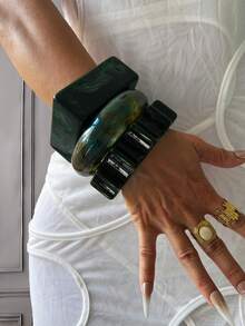 三件套手链，金手链，树脂手链，宽手链，厚手链，手链套装，宽手链，树脂手链，女士手链，送她的礼物 - 綠色 - 查看 3