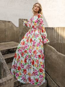 Faeriesty 印花优雅雪纺晚礼服，层叠裙摆，泡泡袖设计，松紧腰身——完美适用于婚礼、花园招待会、新娘送礼会、浪漫晚餐以及度假必备单品。 - 彩色 - 查看 5