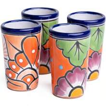 MEXTEQUIL - Vasos Tequileros de Cerámica Talavera Auténtica Mexicana, Set de 4 - Encaje Azul - Flores Naranja - Ver 13