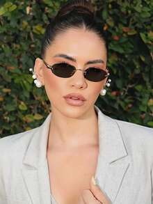 1pc Women's Small Oval Frameless Metal Leg Edgy Small Frame Fashion Glasses, Suitable For Daily Wear For Summer Beach Vacation,Outdoor,Travel,Back To School Accessories - màu đen - Xem 5