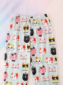 2pcs/Set Girls & Teens Casual Cartoon Cat Print Lapel Long Sleeve Cardigan And Pants Pajama Set, Flame Retardant, All Season