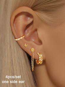 4 Pcs Vintage 24K Gold Plated Cubic Zirconia Leaf Hoop Earrings For Women Zirconia Flower Stud Earrings For Women Earrings Set