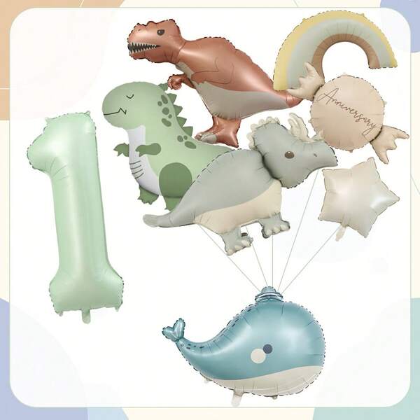8 Stücke Cartoon Dinosaurier Thema matte Dinosaurier, Regenbogen Wal, olivgrüne Zahlen 1-9, geeignet für Dekoration zur 1. Geburtstagsparty