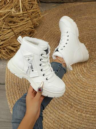 Fashionable Versatile Casual Sports Metal Eyelet Lace-Up Ankle Boots, Suitable For Daily Wear, Autumn/Winter,Fur Boots