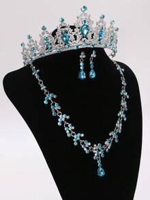 1 Set Bridal Accessories - Red Rhinestone Embellished Crown, Necklace, Earrings (4pcs), Wedding Jewelry Set, Suitable For Wedding Gown, Prom, Party