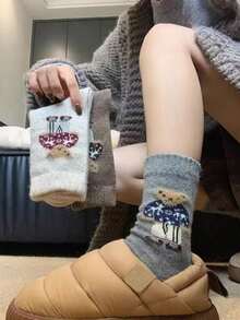 5 Pairs Autumn/Winter Warm Retro Cartoon Dotted Cute Bear Mid-Calf Socks, Fall Socks