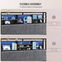 HEXCELEN Headboard With 3-Tier Storage Shelves, Velvet Upholstered Head Board With 2 Outlets, USB Ports & LED Light, Soft Backrest For King/Queen Size Bed - 查看 3