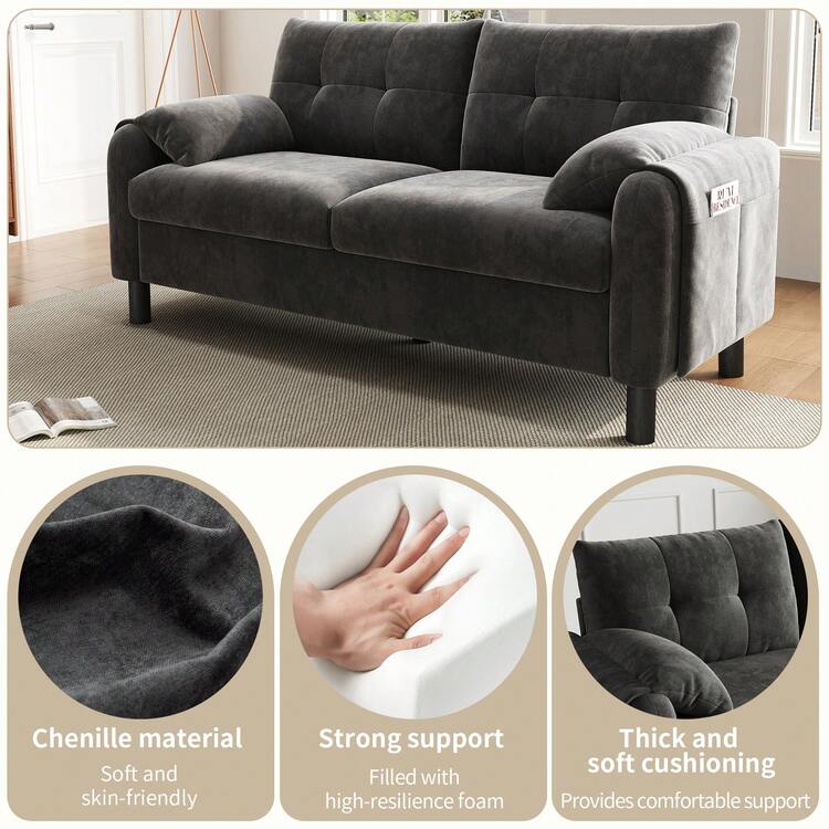 Modern 2-Sitzer Sofa, Suitable For Polstersofa Aus Chenille Stoff Mit Dicken Kissen, Gemütliche Couch Für Wohnzimmer, Schlafzimmer, Kleine Wohnung, Polstermöbel Im Skandinavischen Design, Gray - Black - View 2