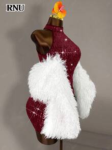 RNU Đầm ôm sát gợi cảm, hở lưng, màu đỏ tía đính sequin, co giãn, thích hợp cho hẹn hò, tiệc hóa trang, hộp đêm, dạo phố, ngày Valentine, sinh nhật năm mới, mùa xuân/hè/thu/đông. - Màu Đỏ Sâu - Xem 5