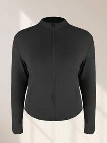 Plus Size Women's Sports Jacket, Solid Color Slim Fit Sports Jacket With Thumb Hole Cuffs, Side Pockets, Breathable Stretchy Long Sleeve Yoga Running Fitness Jacket