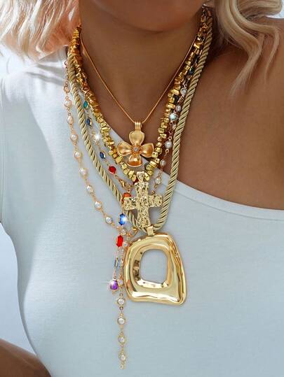 2/5pcs Fashionable Minimalist Exaggerated Vintage Coin, Thick Cross, Flower, Colorful Rhinestone, Faux Pearl Asymmetrical Square Pendant Necklace, Y-Shaped Chain, Layered Choker, Suitable For Women, Vacation, Party, Daily Wear