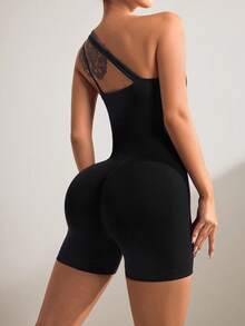 Solid Color Asymmetric Collar Fitted Sports Jumpsuit - Black - View 3