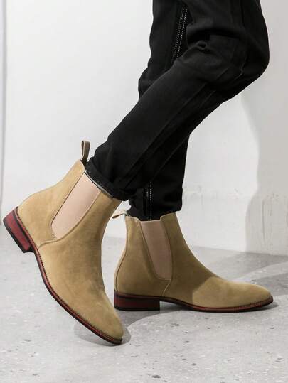 Herren Spitzschuh Chelsea Stiefel, Wildleder Motorradstiefel, modische vielseitige schwarze Stiefel mit Holzsohle, im Western Stil