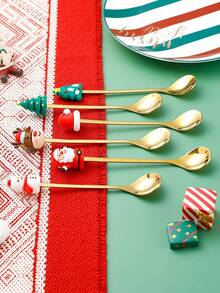 6pcs Christmas Gift Celebrating Home Party Dessert Coffee Spoon,Kitchen,Christmas Gift - Multicolor - View 7