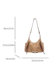 1pc Fashion Zippered Decor Women's Handbag, New Solid Color Texture Large Capacity Shoulder Bag, Multi-Pocket Pearl Chain Decor, Commuting Crossbody Bag, Retro Denim Frosted Bag, Shopping Tote, Suitable For Daily Use, Short-Distance Travel, Outing, Dating, Office Work, Business - Khaki - View 6