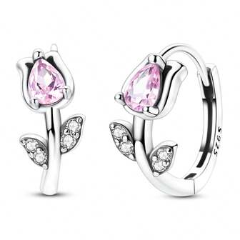 Pendientes de aro con flor de tulipán, joyas de plata de ley 925 con tema floral para mujeres (Fiesta de jardín) Regalo