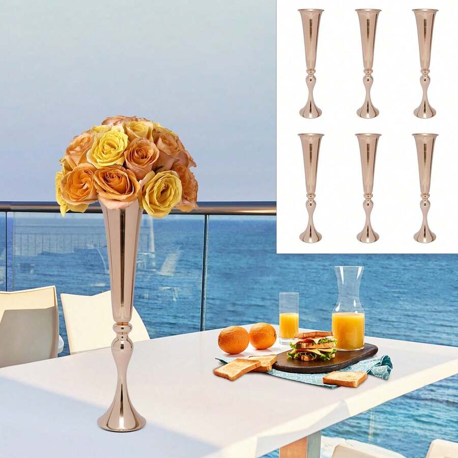 SHIOUCY 6 Stück Metall Trompeten vase, Gold Geblühte Trompetenvase, 13 * 56.5cm Blumenvase für Hochzeitsfeiern Jubiläum Party Zeremonie Heimdekoration - Gold - Übersicht 1