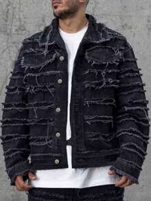 男士黑色流苏牛仔夹克，宽松高街休闲夹克 - 黑色 - 查看 3