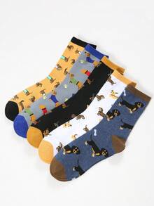 1/3/5 Pairs (Randomly Shipped) Men's Autumn/Winter Fun Cartoon Dachshund Dog Pattern Color-Block Mid-Calf Socks Set, Suitable For Daily Wear, Sports, Travel, Outdoor, Gifts, Holidays, Holiday Gift, Color-Block Style, Fun Design, Comfortable Fit, Hand Wash Only, Novelty Socks, Gift Set, Men's Fashion, Sock Collector - Multicolor - View 2