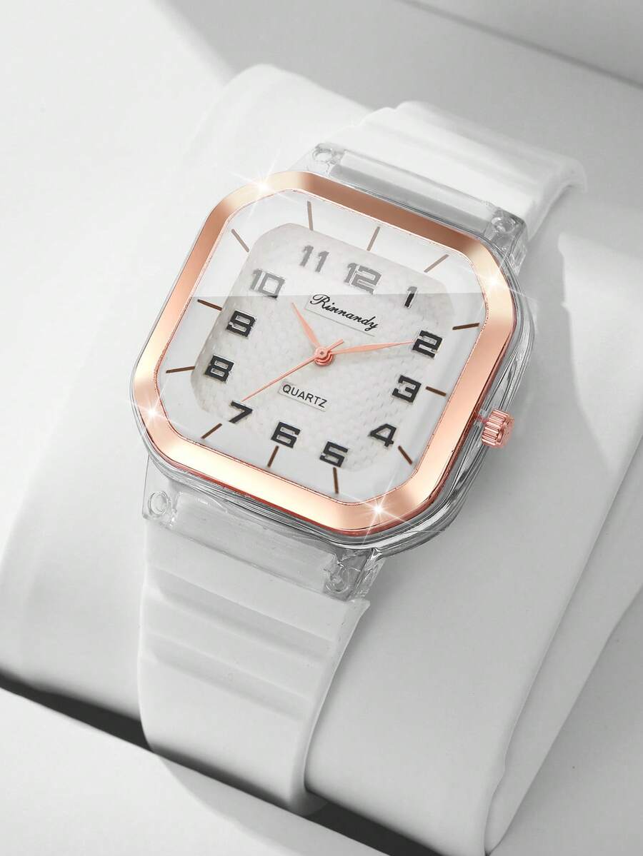1pc Women's Silicone Band Fashion Casual Square Dial Elegant Quartz Wrist Watch, No Watch Box Included - White - View 1