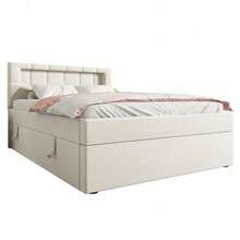 Flachbett 90x200 cm in Beige | Polsterbett mit Ambientelicht & verstellbarem Kopfteil | Einseitig öffenbarer Stauraum | Samtbezug im minimalistischen Design