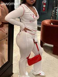 Inwoman Autumn Hoodies Long Sleeve Outfits For Women Zip Up Letter "Girl"Print Travel Going Out Matching Women Sets Comfy Joggers Sweat Fall Clothes For Women - trắng - Xem 4