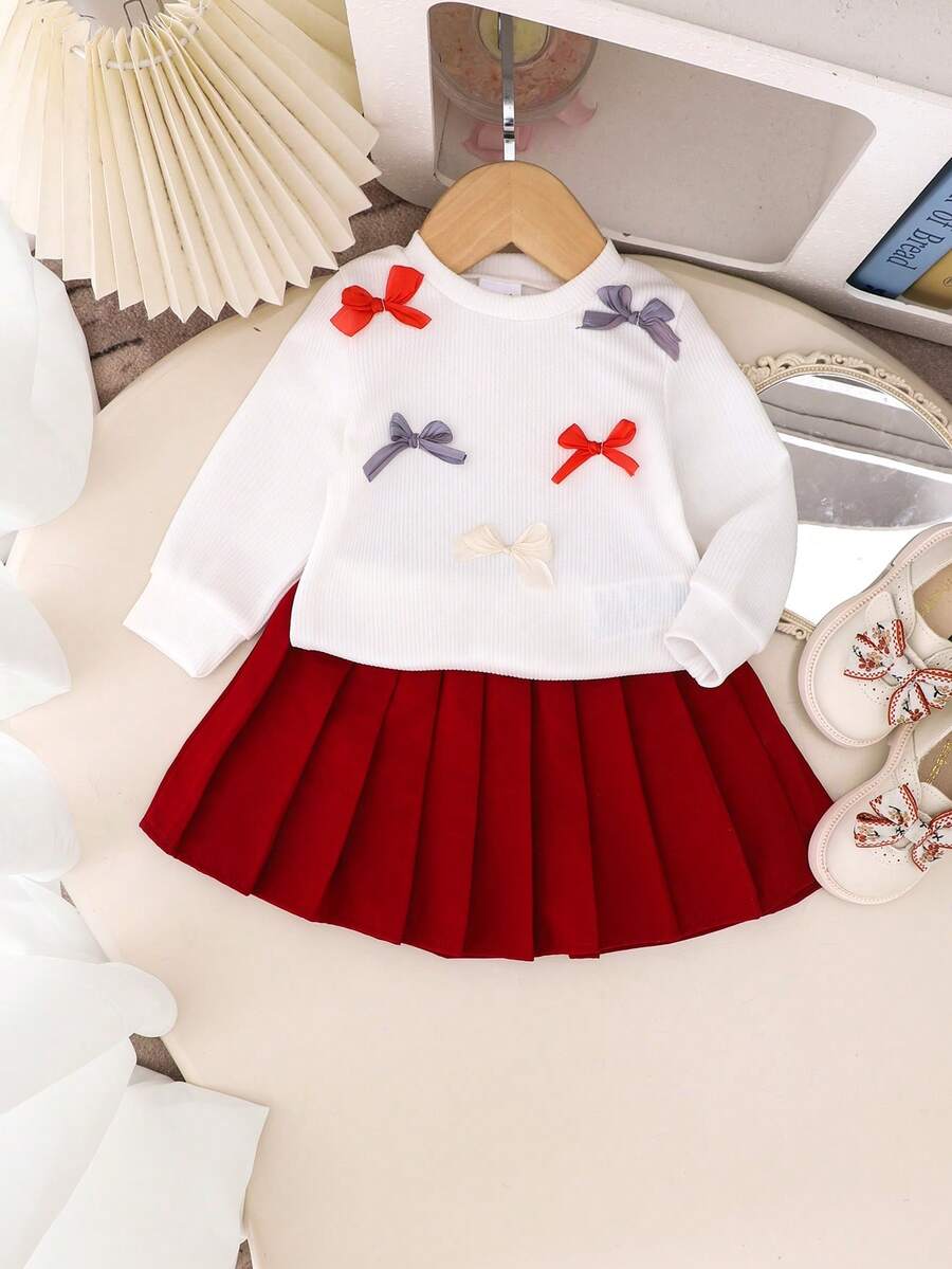 2 件套女婴可爱长袖蝴蝶结上衣 + 裙子套装，轻便，适合春秋季 - 酒紅色 - 查看 1