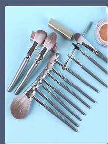 14pcs Professional Makeup Brush Set With Leather Case, Includes Powder Brush, Foundation Brush, Eyeshadow Brush, Eyebrow Brush, Concealer Brush, Contour Brush And Travel Brush. Ideal For Makeup Beginners And Great Gift For Christmas And Valentine's Day. - Grey - View 7