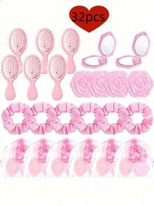 24pcs/12pcs Pink Party Gift Set, Includes 3pcs Mirror, 3pcs Hair Comb, 3pcs Hair Scrunchie And 3pcs Organza Bag, Bridal Shower Favors, Stretchy Headband, Mirror, Hair Brush, Mesh Gift Bag, Wedding Hair Accessories, Suitable For Engagement Party, Wedding Favors, Bridal Shower, Birthday Party, Back To School, Spa Party, Guest Gifts - Multicolor - View 2